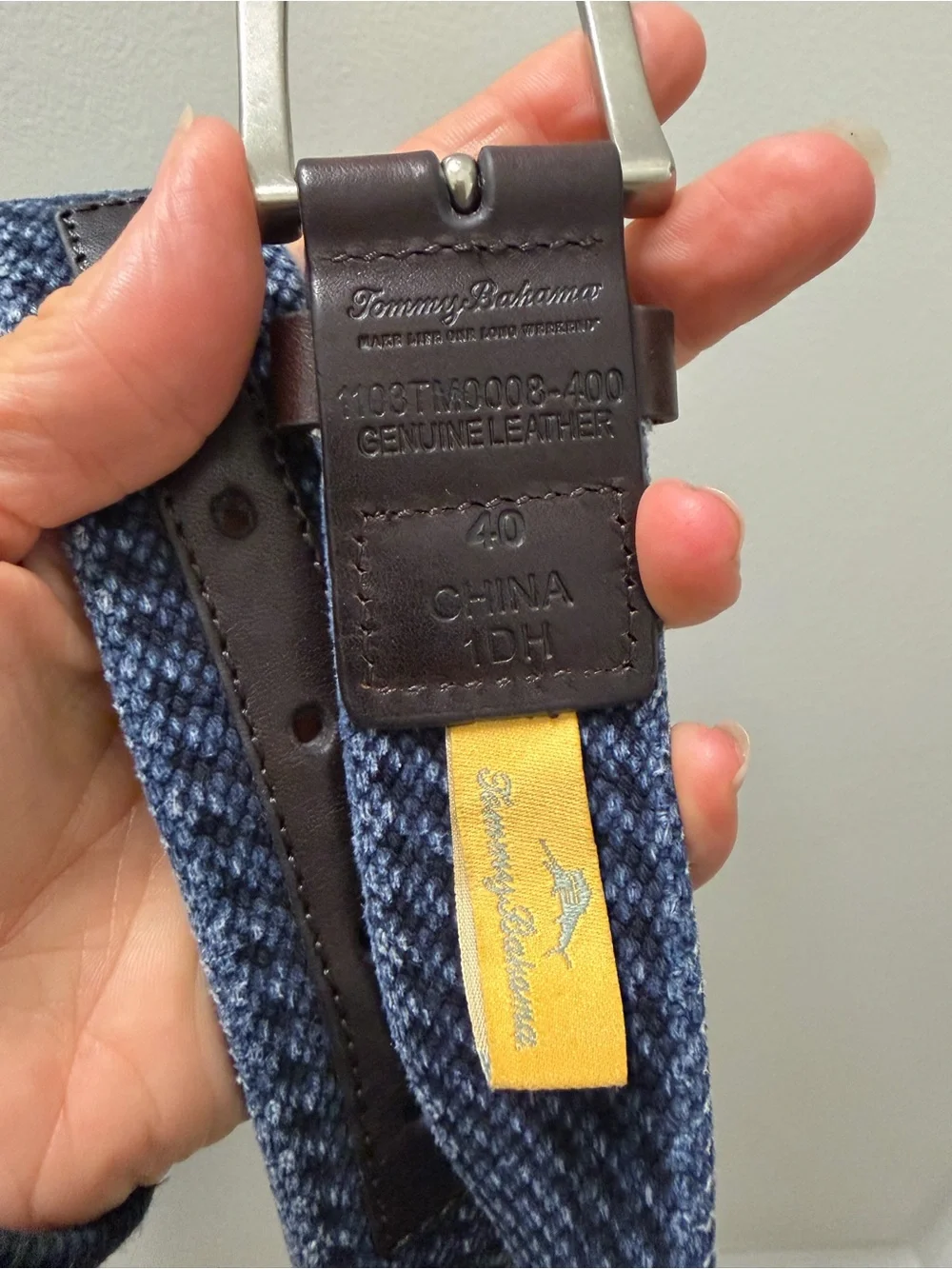 Tommy Bahama Blue Woven Belt with Brown Leather Trim